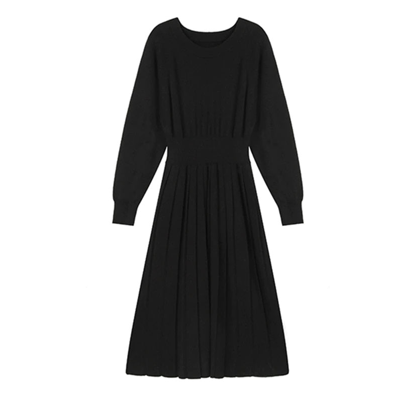 A-line Long Sleeve Elegant Pleated Knitted Sweater Dress