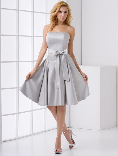 A-line Satin Bow Knee-Length Bridesmaid Dress For Wedding