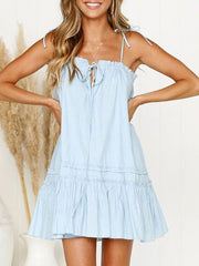 Adjustable Straps Ruffles Lace Up Cotton Beach Dress