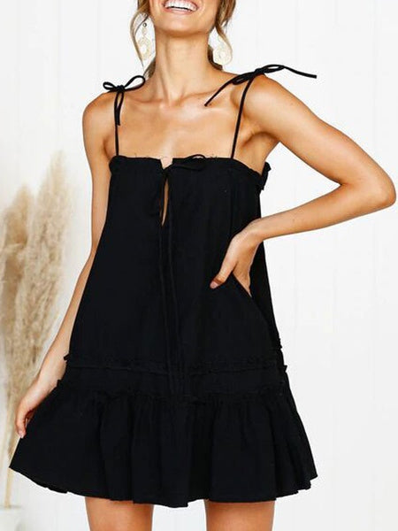 Adjustable Straps Ruffles Lace Up Cotton Beach Dress
