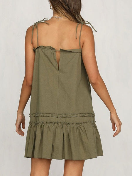 Adjustable Straps Ruffles Lace Up Cotton Beach Dress
