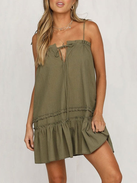 Adjustable Straps Ruffles Lace Up Cotton Beach Dress