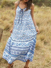Adjustable Straps V Neck Sleeveless Floral Print Lace Up Maxi Dress