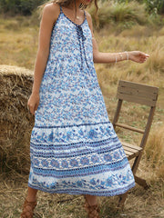 Adjustable Straps V Neck Sleeveless Floral Print Lace Up Maxi Dress