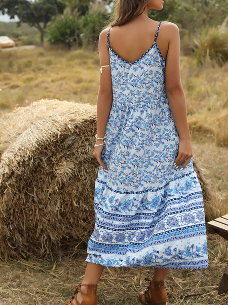 Adjustable Straps V Neck Sleeveless Floral Print Lace Up Maxi Dress