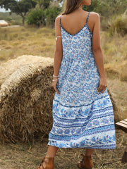 Adjustable Straps V Neck Sleeveless Floral Print Lace Up Maxi Dress