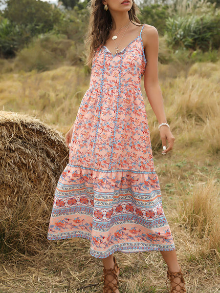 Adjustable Straps V Neck Sleeveless Floral Print Lace Up Maxi Dress