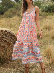 Adjustable Straps V Neck Sleeveless Floral Print Lace Up Maxi Dress