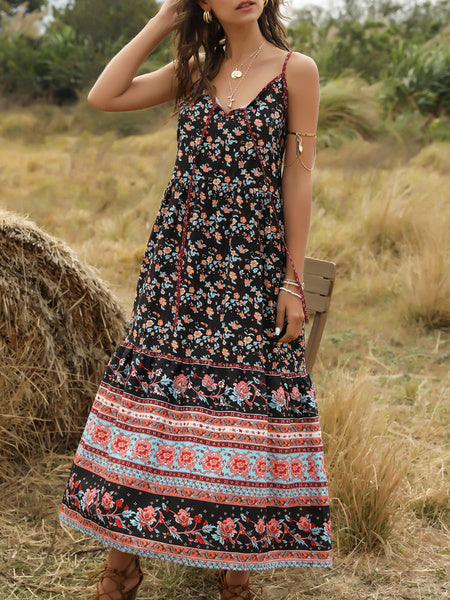 Adjustable Straps V Neck Sleeveless Floral Print Lace Up Maxi Dress