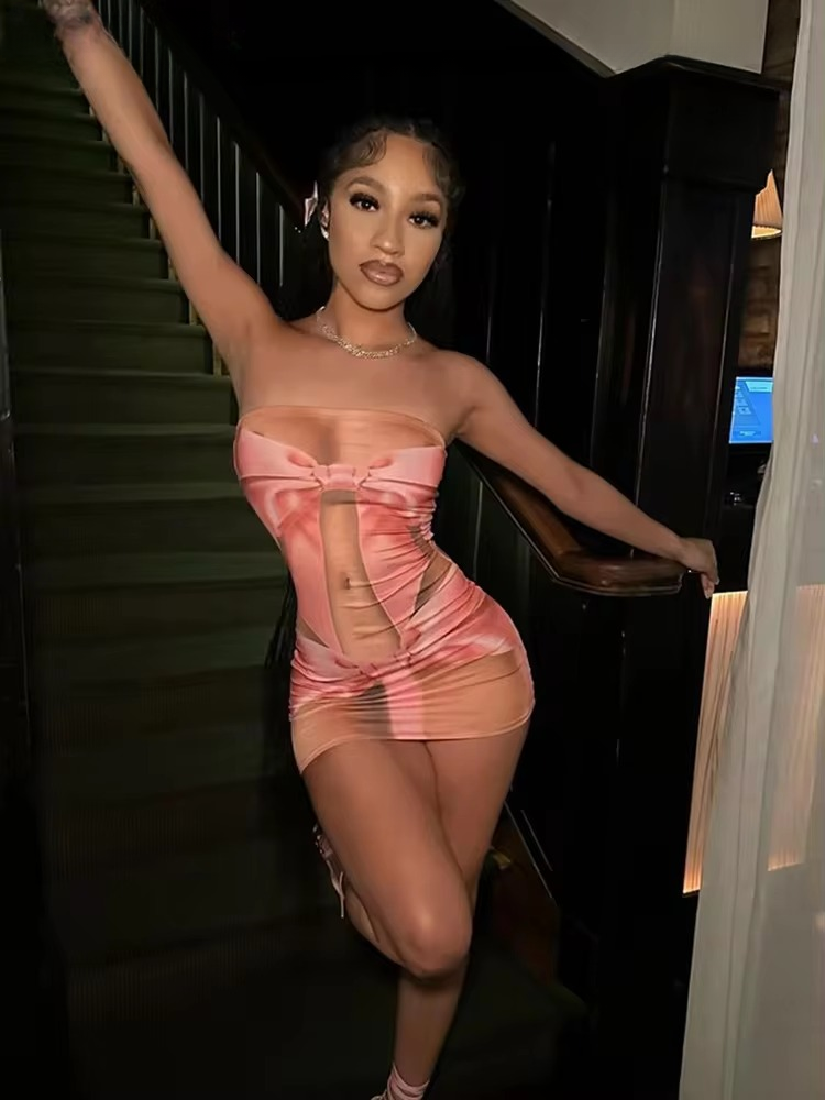 Aesthetic Strapless Skinny Bow Print High Stretch Bodycon Mini Dress