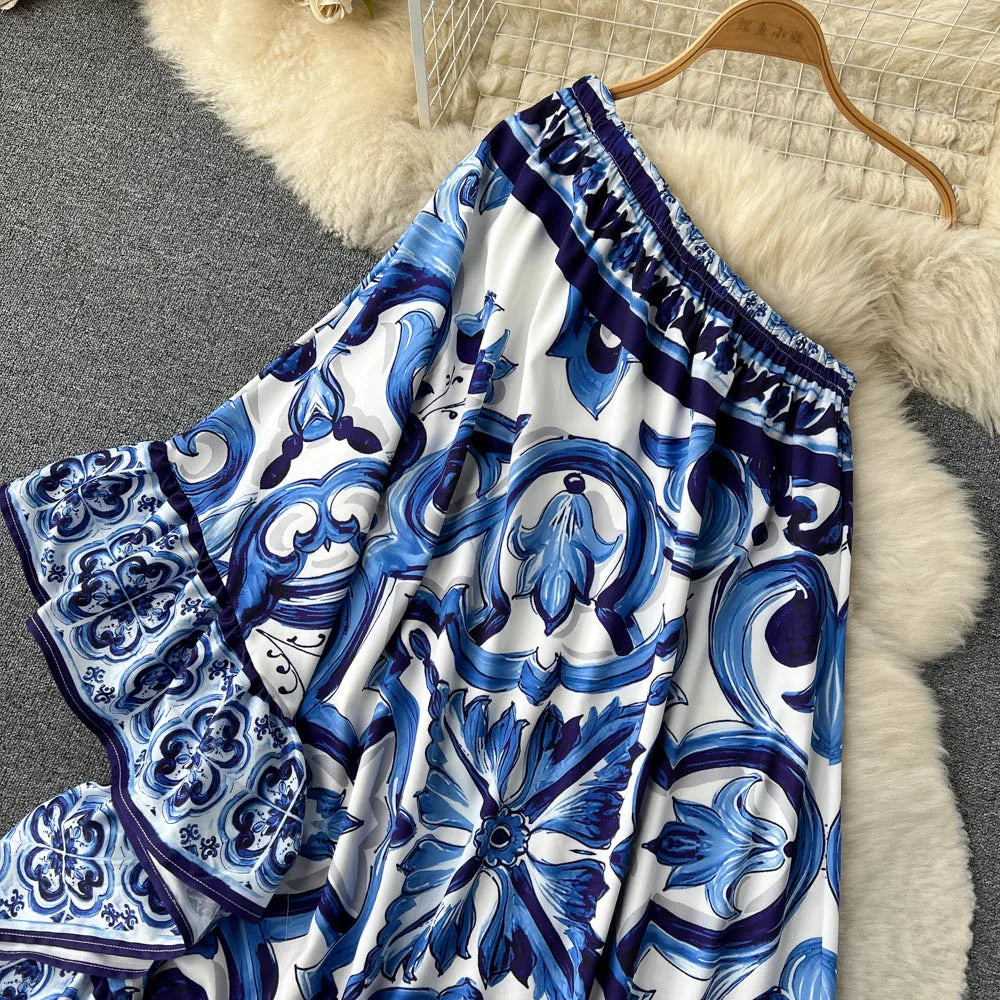 American Maxi Dress for Women Printed Irregular Diagonal Collar