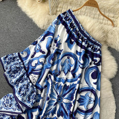 American Maxi Dress for Women Printed Irregular Diagonal Collar
