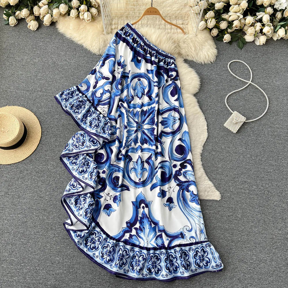 American Maxi Dress for Women Printed Irregular Diagonal Collar