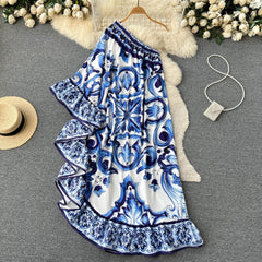 American Maxi Dress for Women Printed Irregular Diagonal Collar