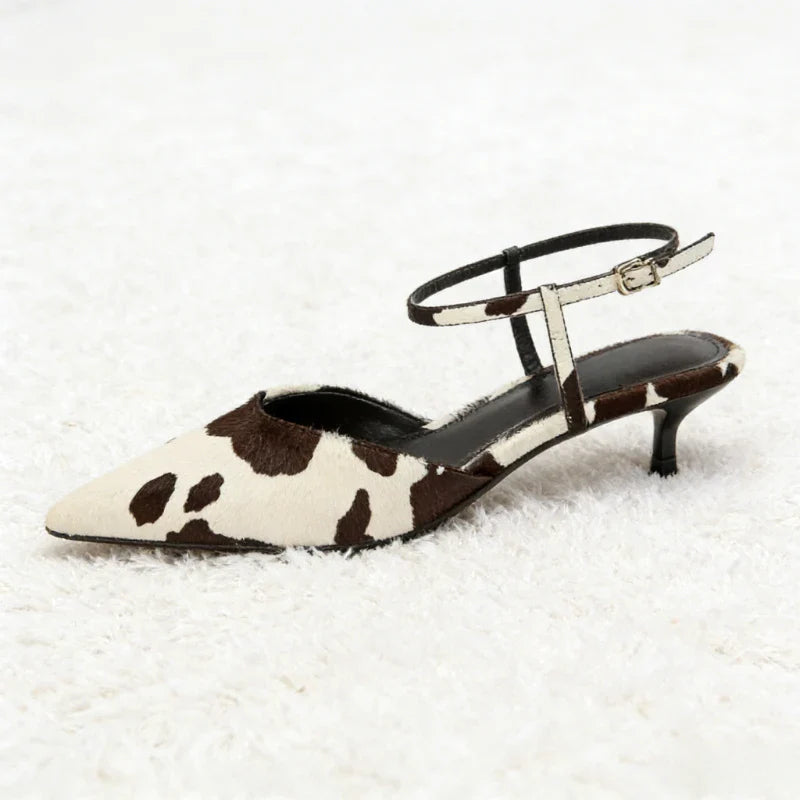 Animal Print Decoration Ankle Strap Pumps Pointed Toe Mid High Heel