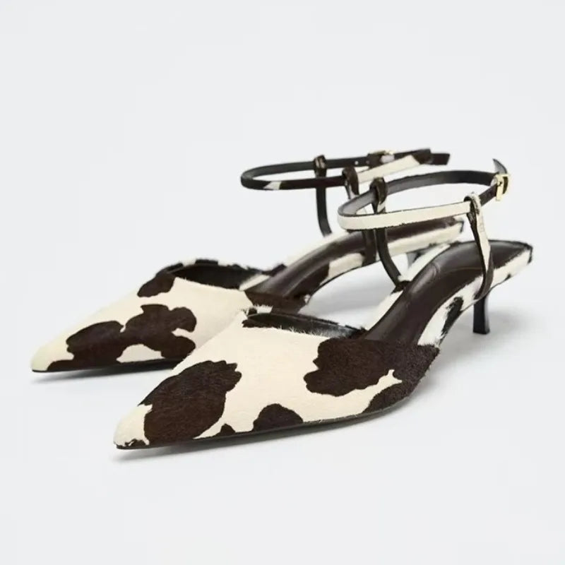 Animal Print Decoration Ankle Strap Pumps Pointed Toe Mid High Heel
