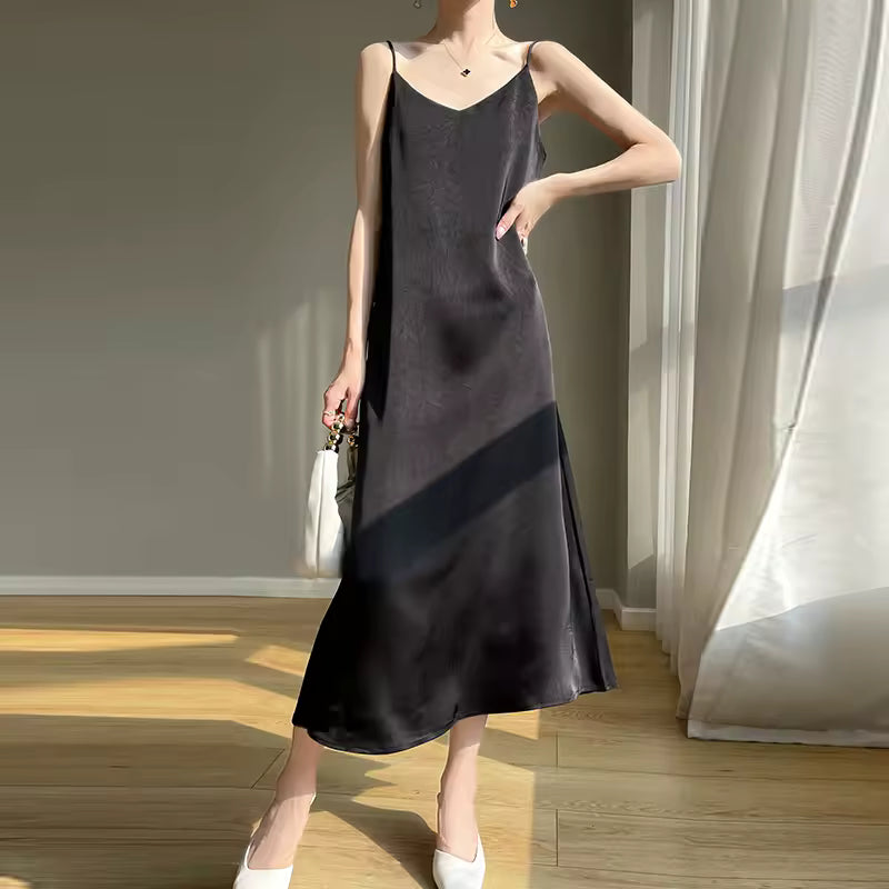 Anti Wrinkle Mulberry Silk Strap Loose Long Skirt Slip Dress