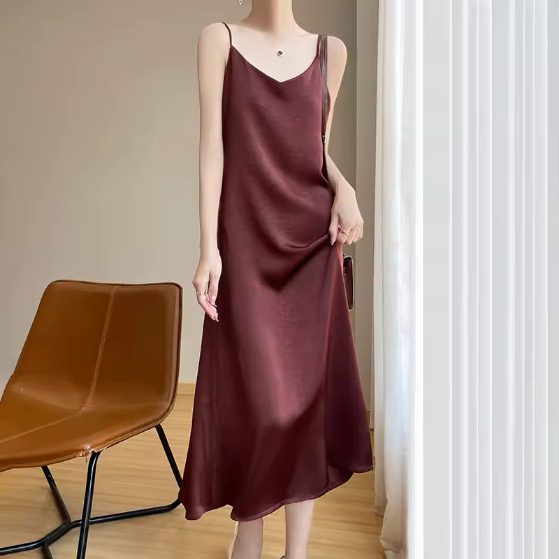 Anti Wrinkle Mulberry Silk Strap Loose Long Skirt Slip Dress