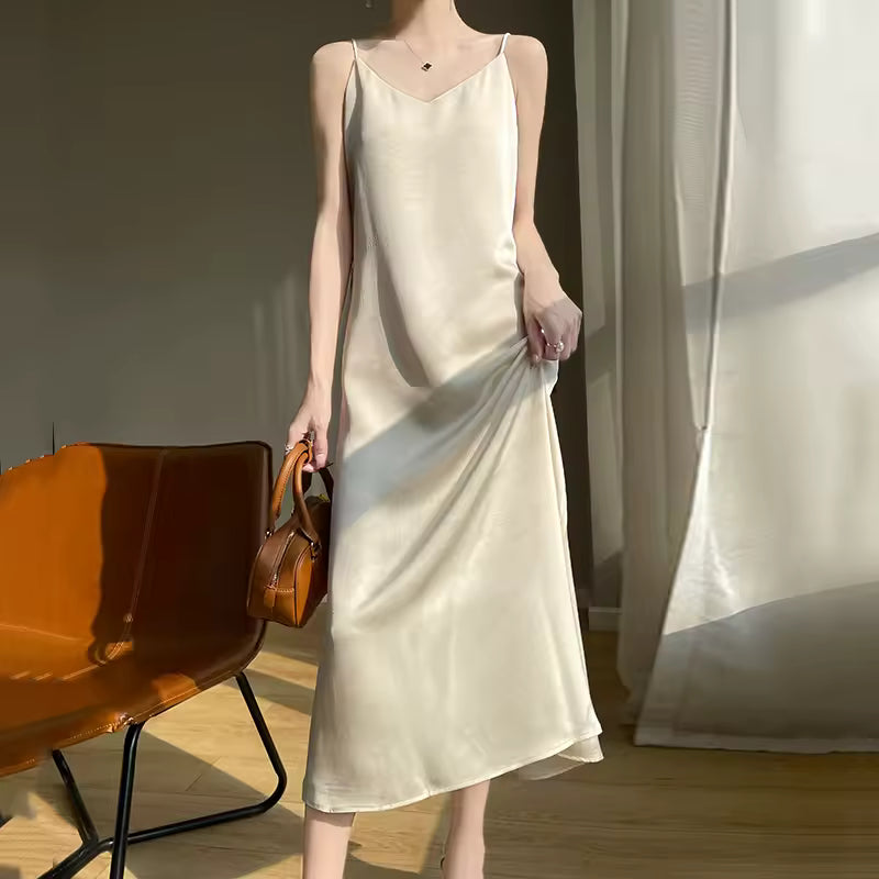 Anti Wrinkle Mulberry Silk Strap Loose Long Skirt Slip Dress