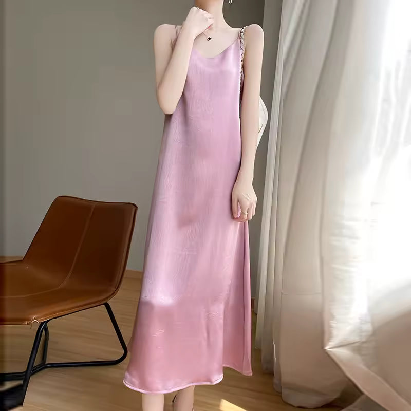 Anti Wrinkle Mulberry Silk Strap Loose Long Skirt Slip Dress