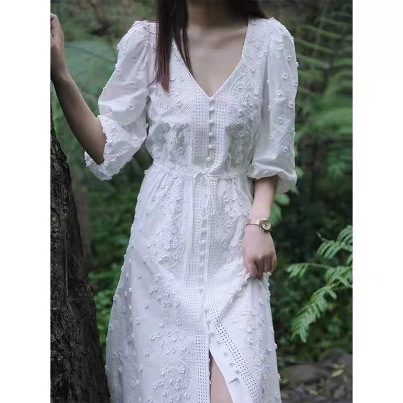 Applique Embroidery Puff Sleeve V-Neck Dress