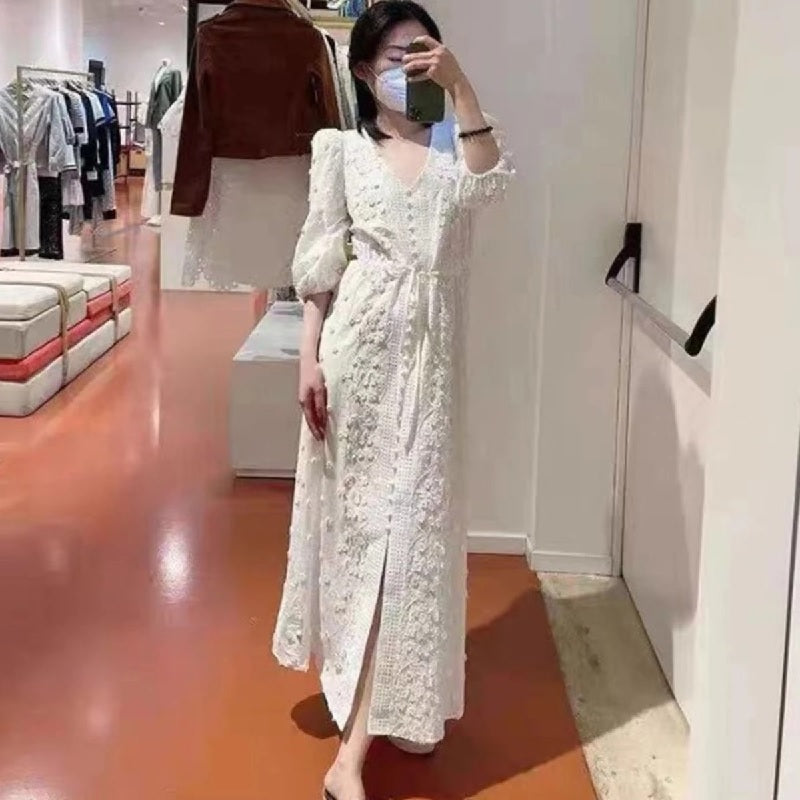 Applique Embroidery Puff Sleeve V-Neck Dress
