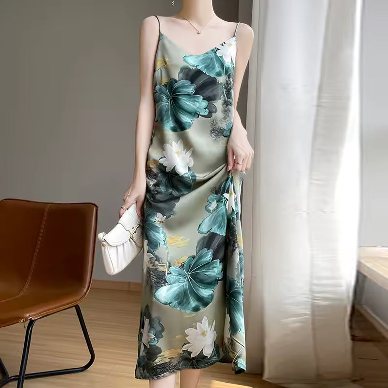 Appliques Lotus Printed Silk Suspender Loose Slip Dress