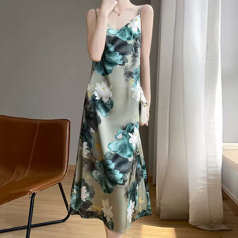 Appliques Lotus Printed Silk Suspender Loose Slip Dress