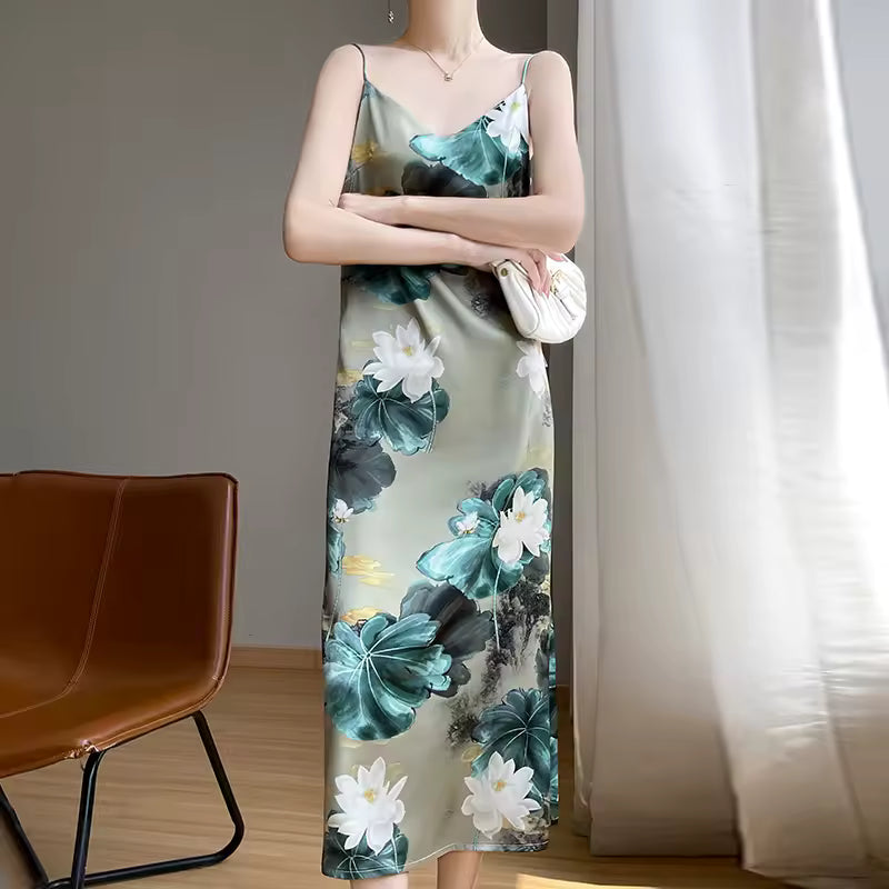 Appliques Lotus Printed Silk Suspender Loose Slip Dress
