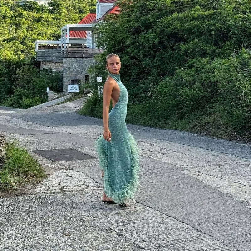 Asymmetric Feather Hem Evening Party Backless Slim Midi Dress