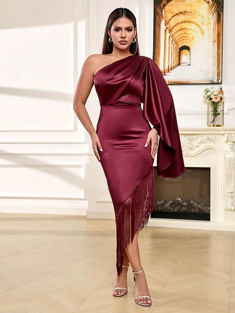 Elegant Asymmetric Fringe Folds One Shoulder Tassel Design Long Dress