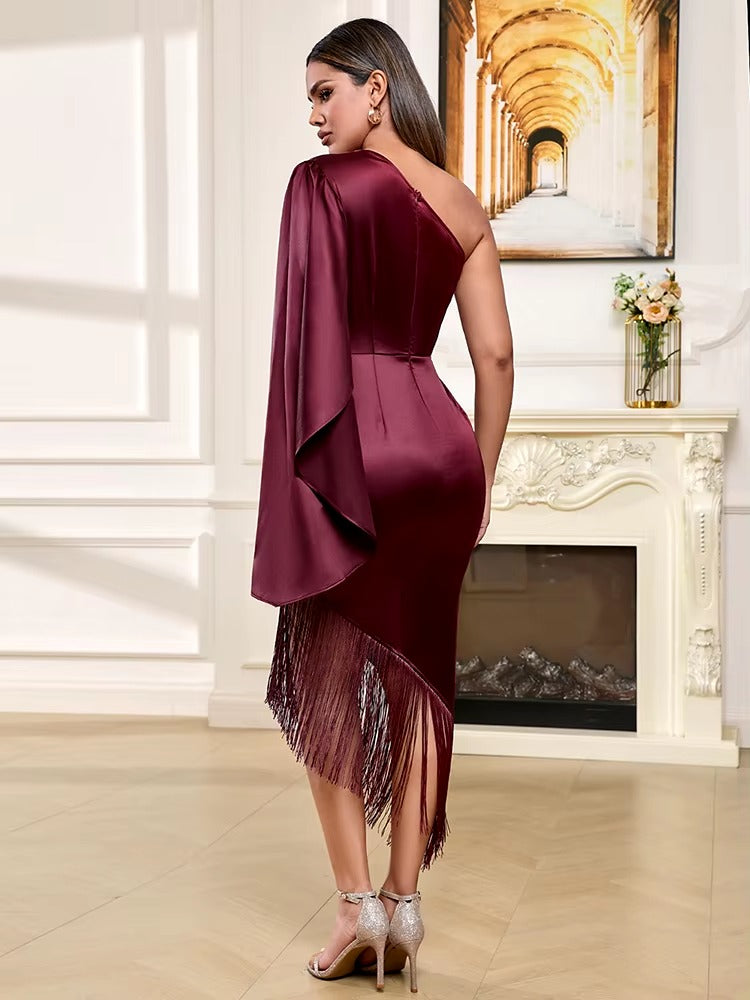 Elegant Asymmetric Fringe Folds One Shoulder Tassel Design Long Dress