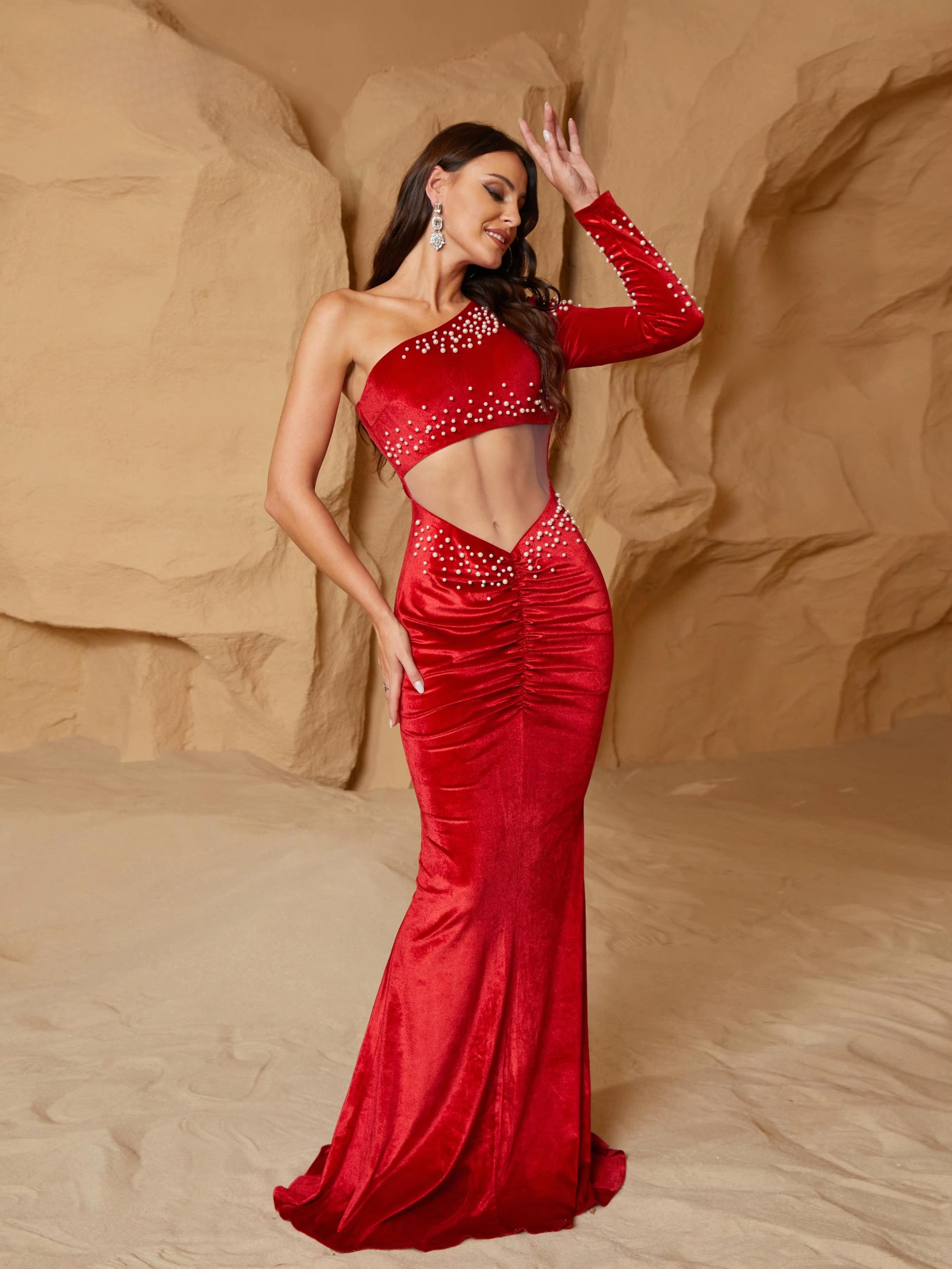 Asymmetric One Shoulder Ruched Cutout Mermaid Evening Dress