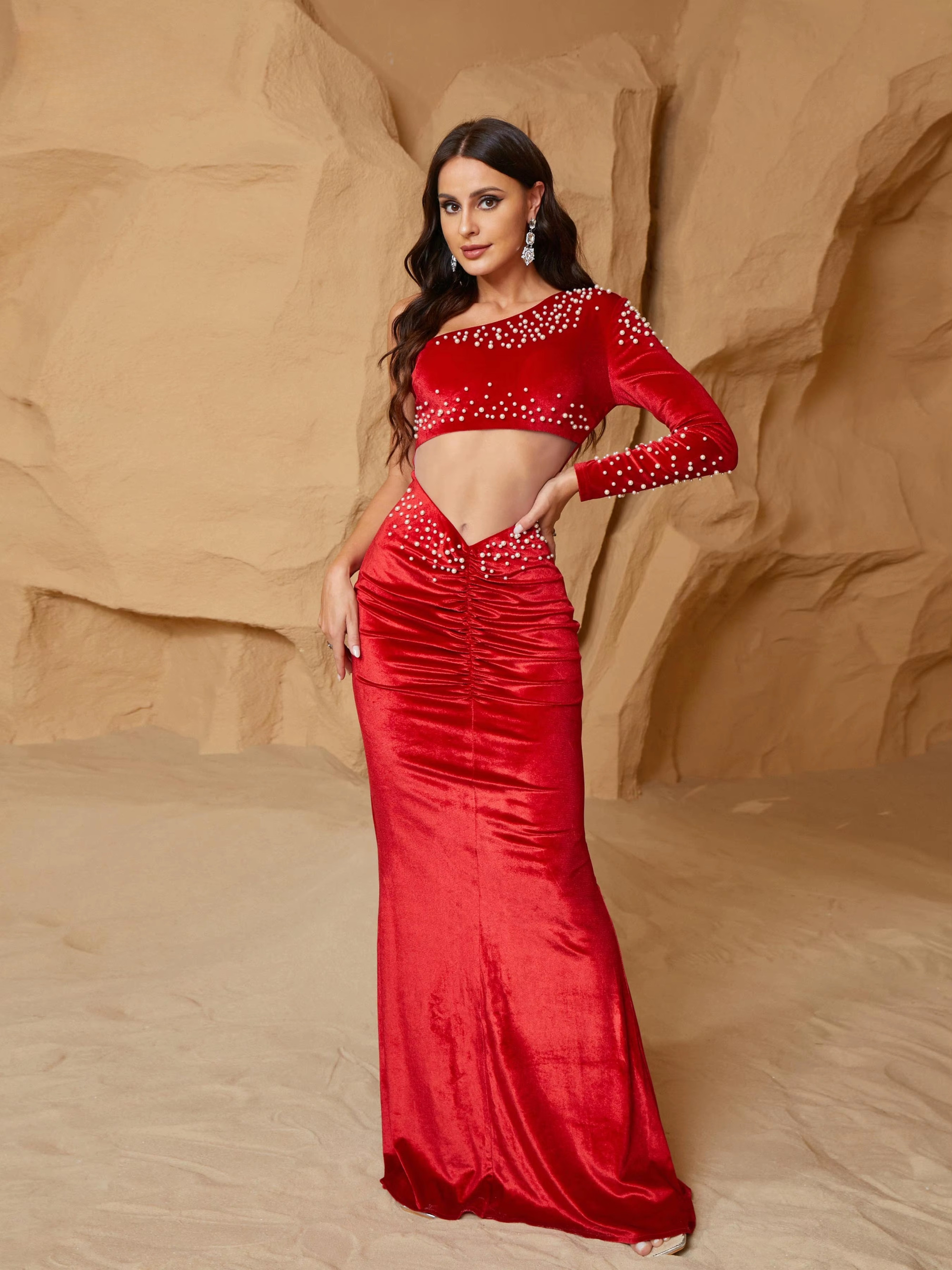 Asymmetric One Shoulder Ruched Cutout Mermaid Evening Dress