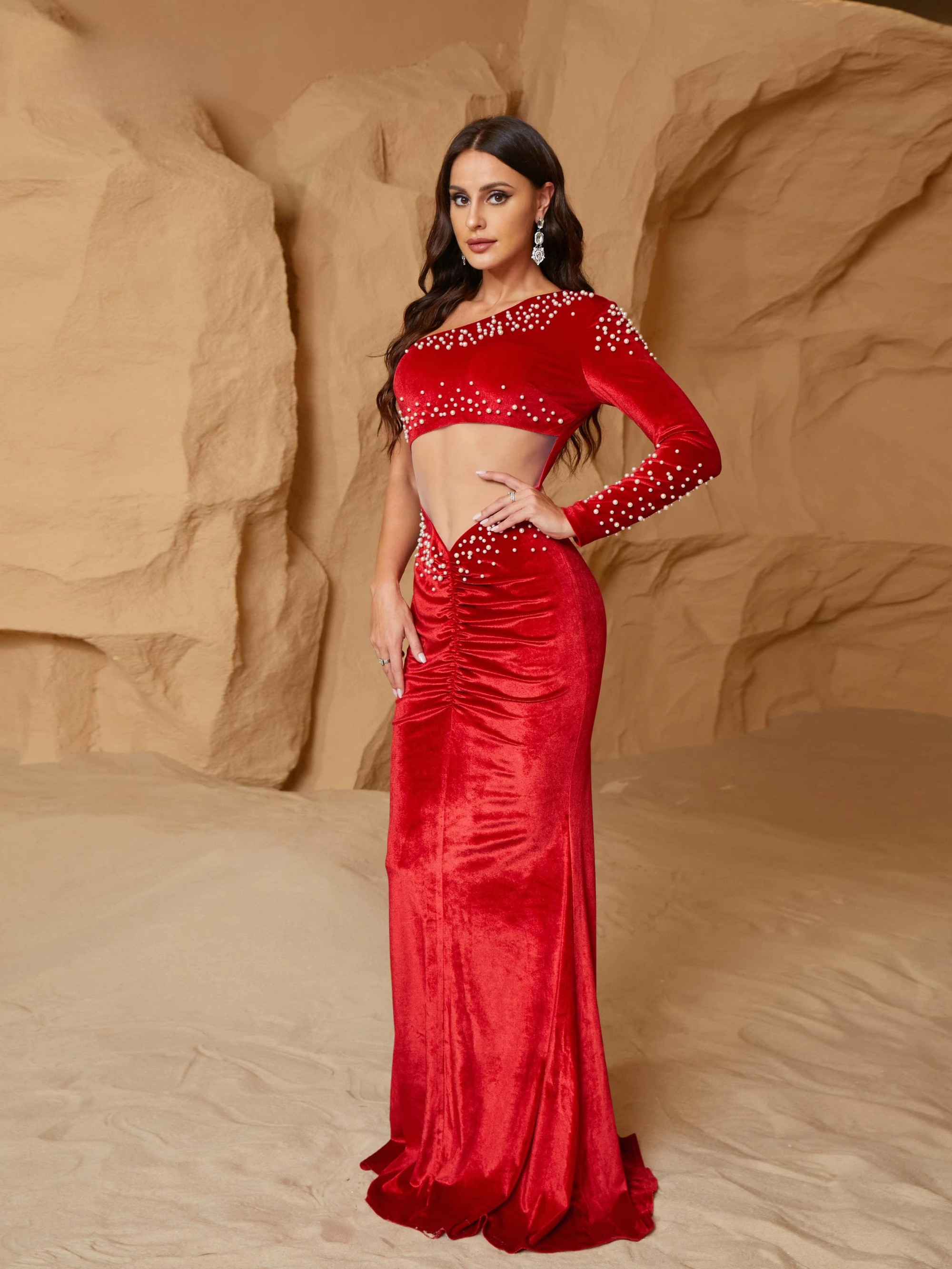 Asymmetric One Shoulder Ruched Cutout Mermaid Evening Dress