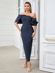 Asymmetric Sleeves Off Shoulder Slash Neck Patchwork Evening Party Bodycon Bandage Long Dresses