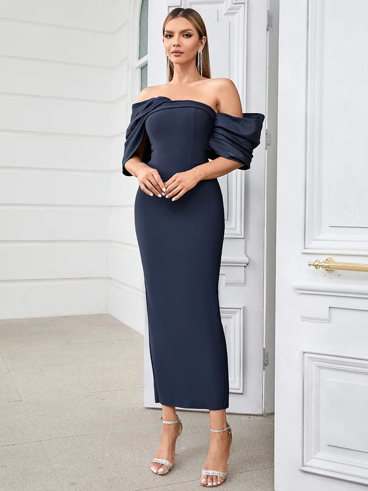 Asymmetric Sleeves Off Shoulder Slash Neck Patchwork Evening Party Bodycon Bandage Long Dresses