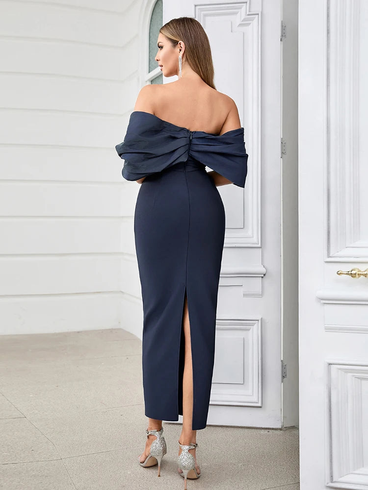 Asymmetric Sleeves Off Shoulder Slash Neck Patchwork Evening Party Bodycon Bandage Long Dresses