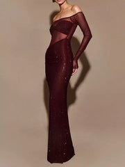 Asymmetrical Cut Off-Shoulder Long Sleeve Bodycon Long Dress