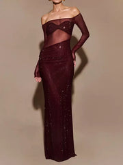 Asymmetrical Cut Off-Shoulder Long Sleeve Bodycon Long Dress
