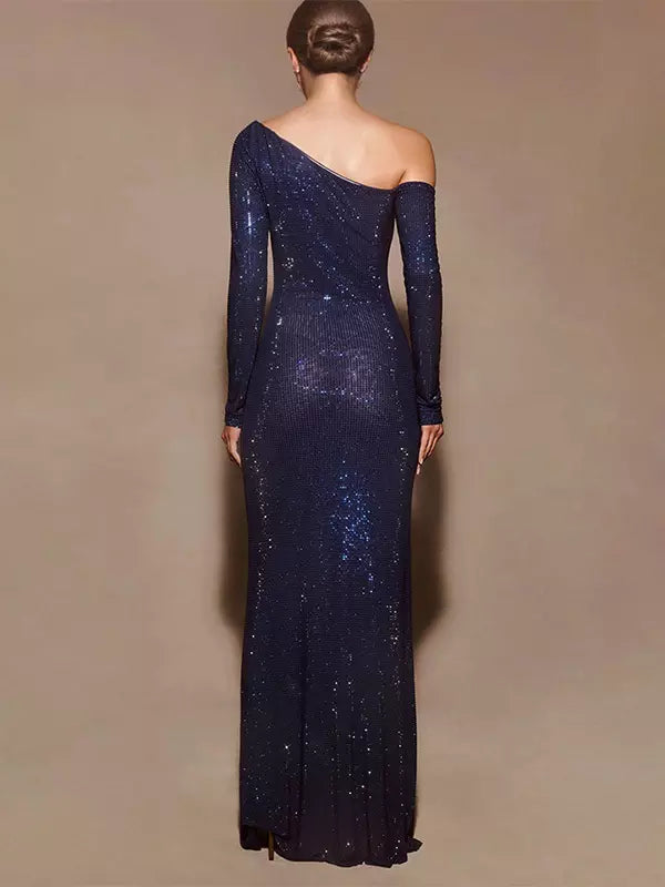 Asymmetrical Cut Off-Shoulder Long Sleeve Bodycon Long Dress