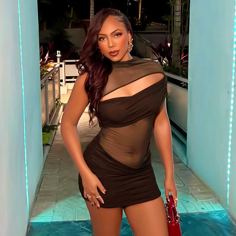 Asymmetrical Cut Out Backless See Through Mesh Patchwork Club Dresses
