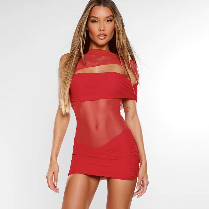 Asymmetrical Cut Out Backless See Through Mesh Patchwork Club Dresses