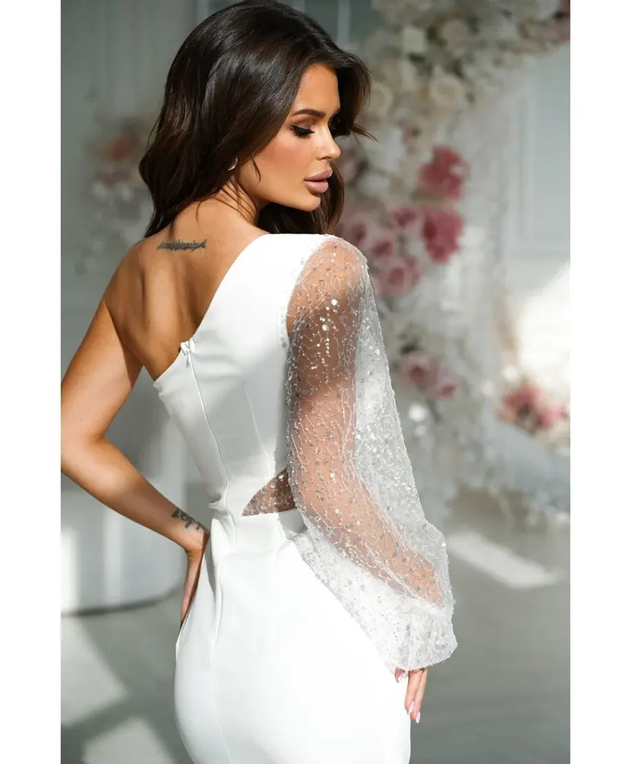 Asymmetrical Cut Sequin Sleeve Transparent One Shoulder Bodycon MiniDress