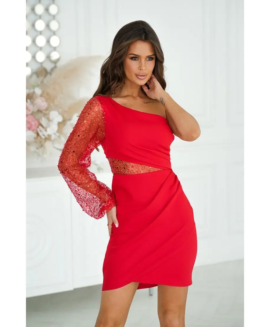Asymmetrical Cut Sequin Sleeve Transparent One Shoulder Bodycon MiniDress