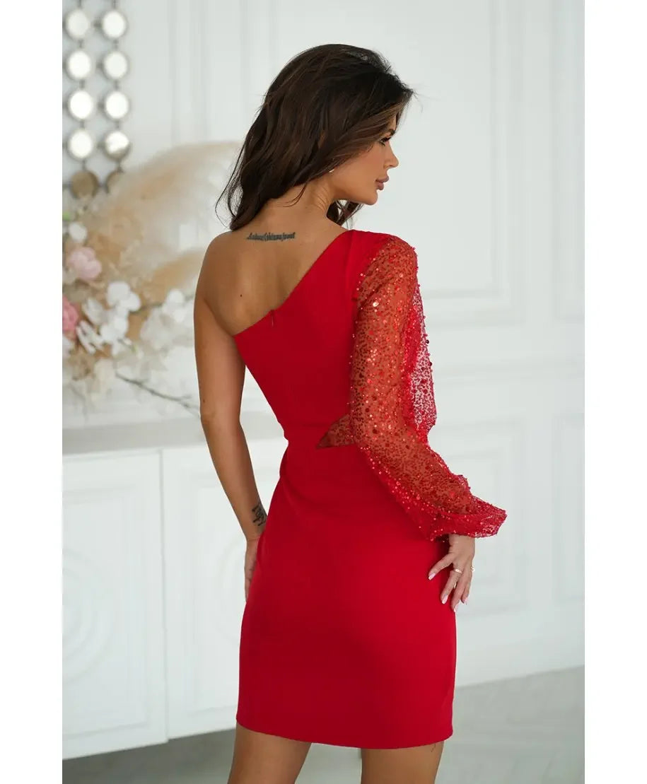 Asymmetrical Cut Sequin Sleeve Transparent One Shoulder Bodycon MiniDress