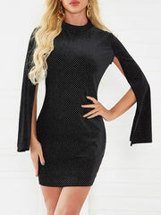 Asymmetrical High Collar Long Sleeves Bodycon Dress