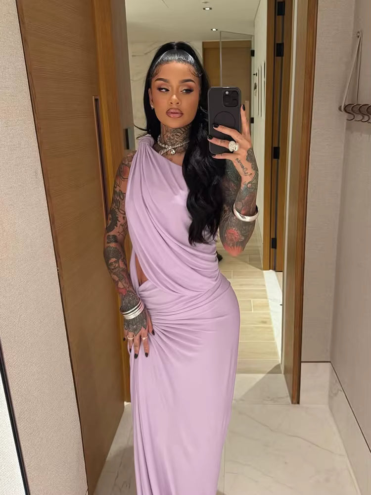 Asymmetrical Incline Shoulder High Street Concise Unique Tied Pleated Sleeveless Maxi Bodycon Dress