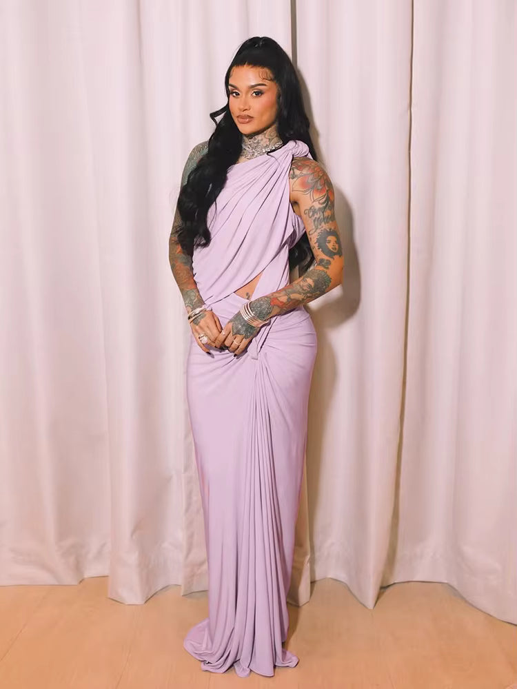 Asymmetrical Incline Shoulder High Street Concise Unique Tied Pleated Sleeveless Maxi Bodycon Dress