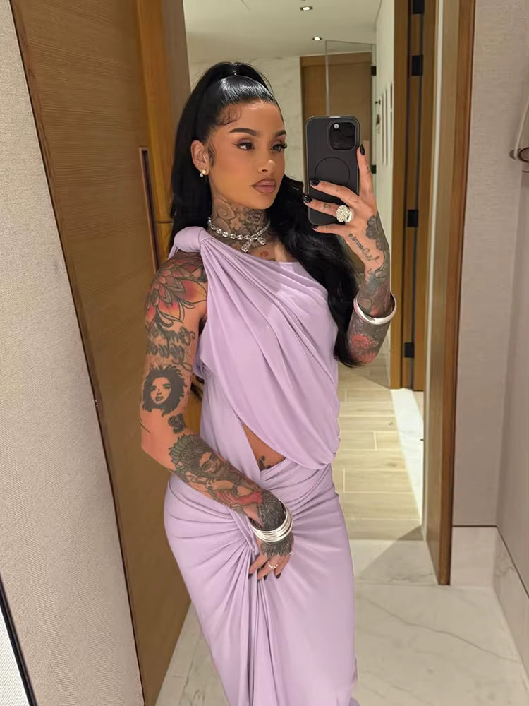 Asymmetrical Incline Shoulder High Street Concise Unique Tied Pleated Sleeveless Maxi Bodycon Dress
